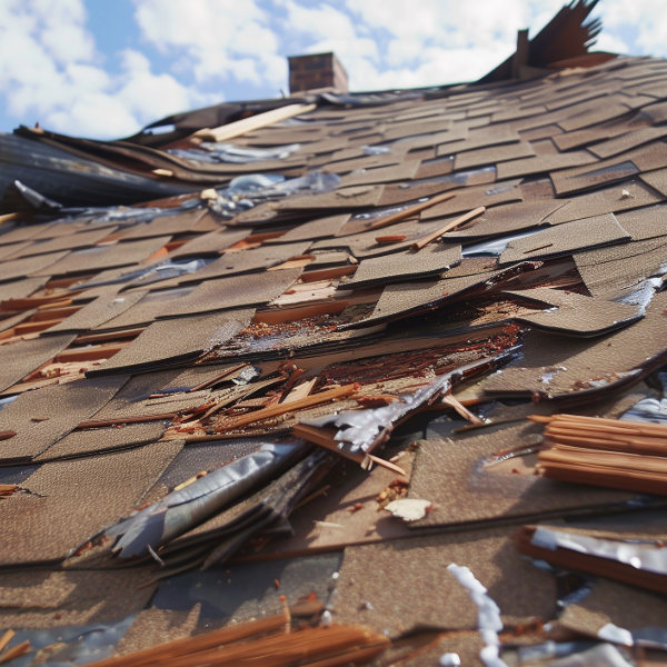 Damaged residential roof requiring repair