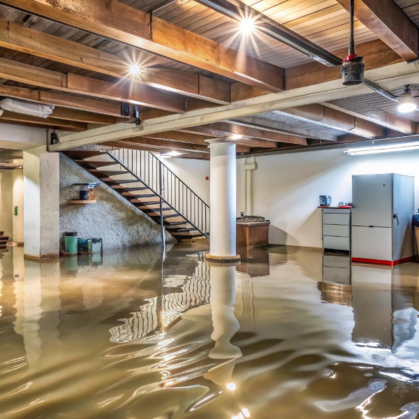 Waterlogged basement with visible flooding