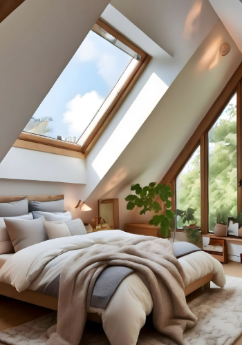 Open skylight window showcasing a clear blue sky, enhancing natural light in the interior space.